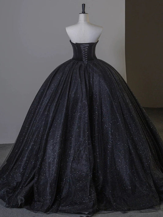 Sexy Ball Gown Sweetheart Black Tulle Silver Beads Prom Dress Inspiration Long Party Formal Prom Dresses AU211