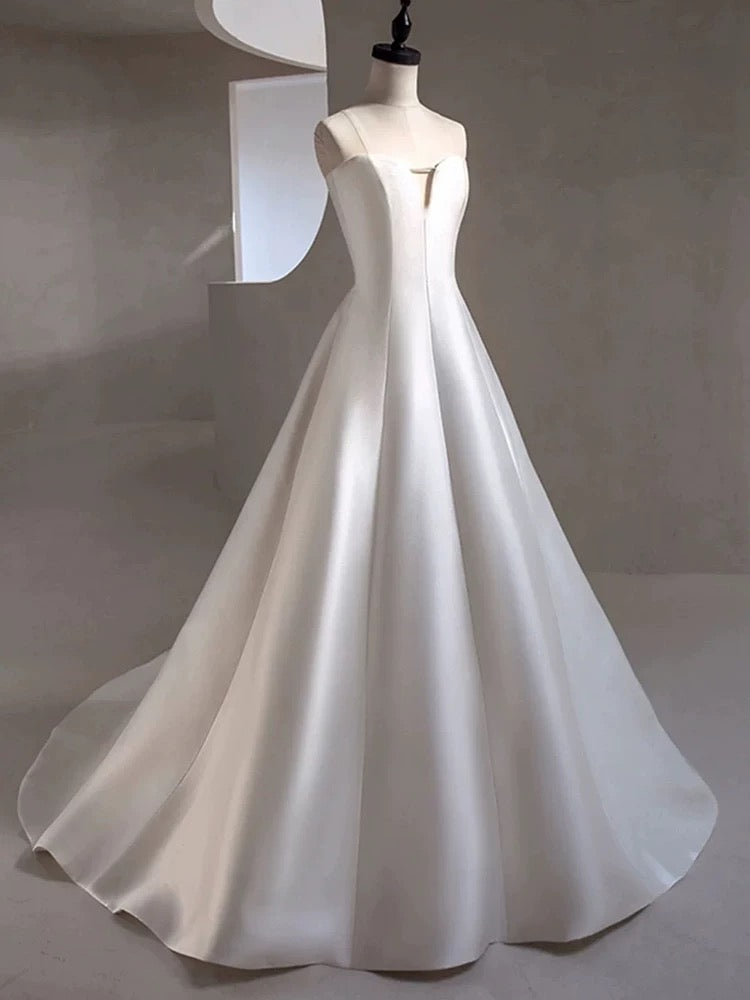 Dream Ball Gown Strapless White Satin Long Wedding Dress Fairytale Autumn Wedding Dresses AU213