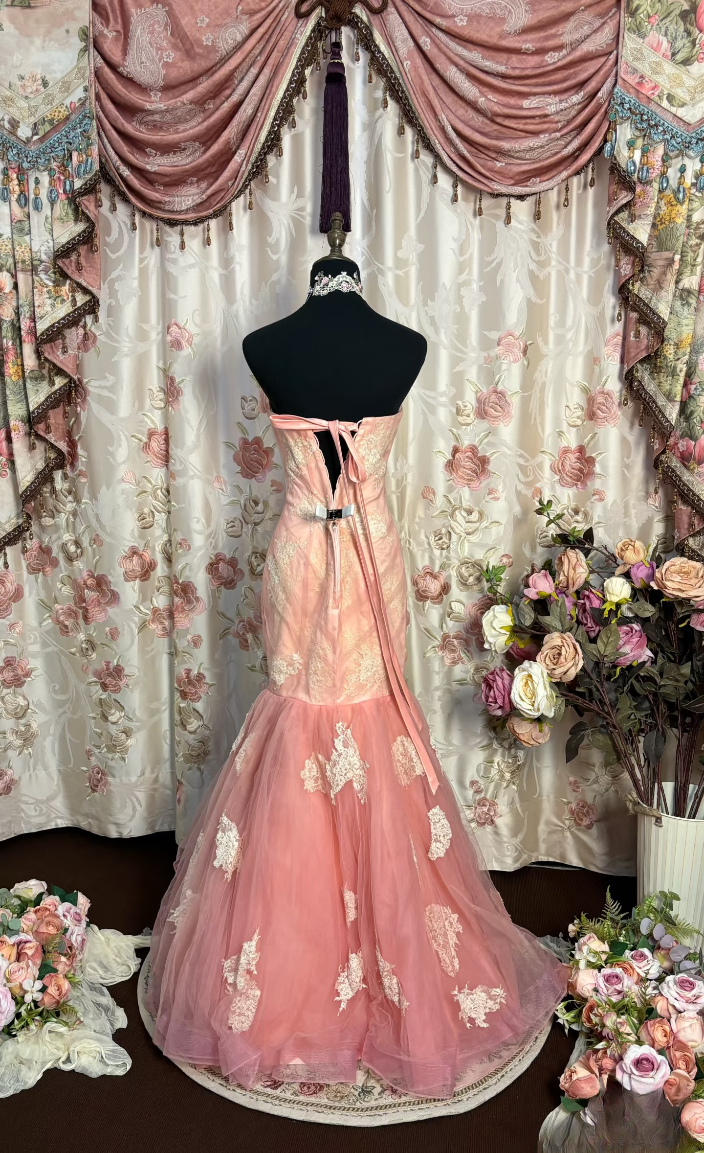 Retro Mermaid Sweetheart Pink Tulle With Lace Long Prom Dresses 80s 70s Prom Gowns AU218