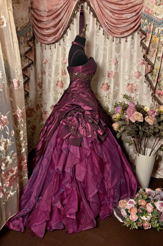 Vintage Ball Gown Spaghetti Strap Grape Taffeta Long Quinceanera Dress Sweet 15 Gown 16 Birthday Dresses AU226
