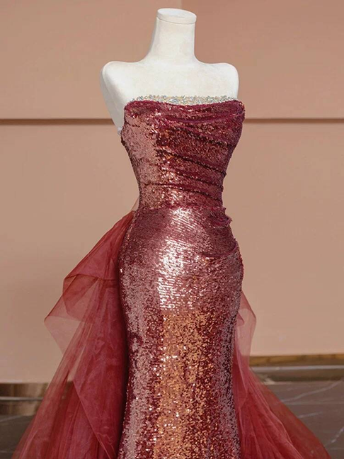 Modest Mermaid Strapless Sequin Pink Long Prom Dresses Party Dress 20th Birthday Outfits Graduation Dress AU233