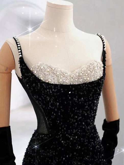 Modest Mermaid Sweetheart Sequin Black Long Prom Dresses Party Dress 21st Birthday Outfits Graduation Dress AU242