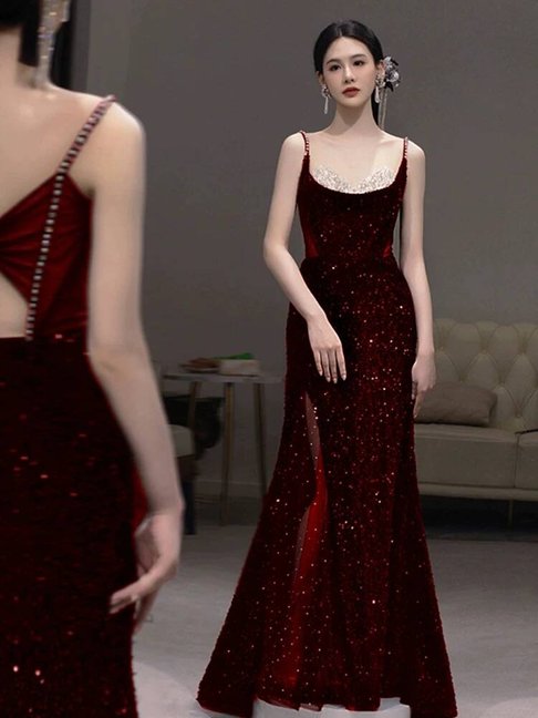 Modest Mermaid Spaghetti Straps Sequin Wine Red Long Prom Dresses Party Dress 21st Birthday Outfits Graduation Dress AU247