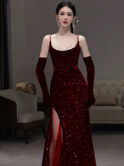 Modest Mermaid Spaghetti Straps Sequin Wine Red Long Prom Dresses Party Dress 21st Birthday Outfits Graduation Dress AU247