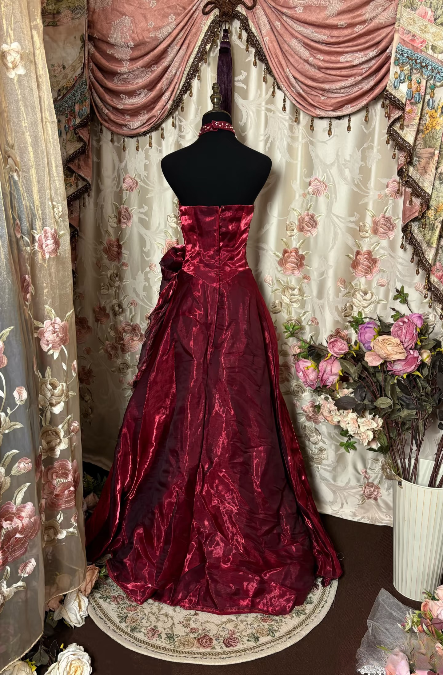 Retro Ball Gown Strapless Beads Burgundy Organza Long Prom Dresses 80s 70s Prom Gowns AU248