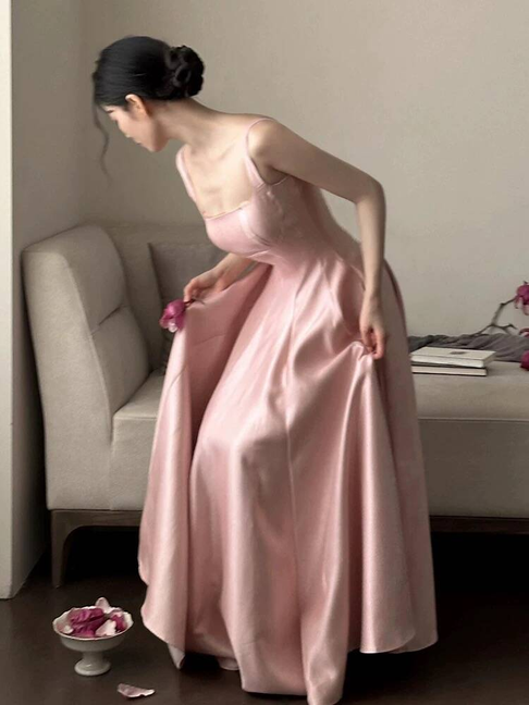 Modest A line Blush Pink Satin Long Prom Dresses Party Dress 21st Birthday Outfits Graduation Dress AU256