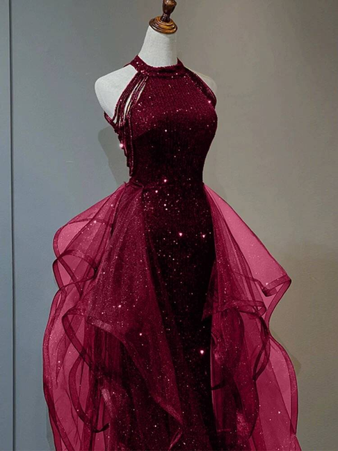 Modest Ball Gown High Neck Burgundy Sequin Long Prom Dresses Party Dress 21st Birthday Outfits Graduation Dress AU259