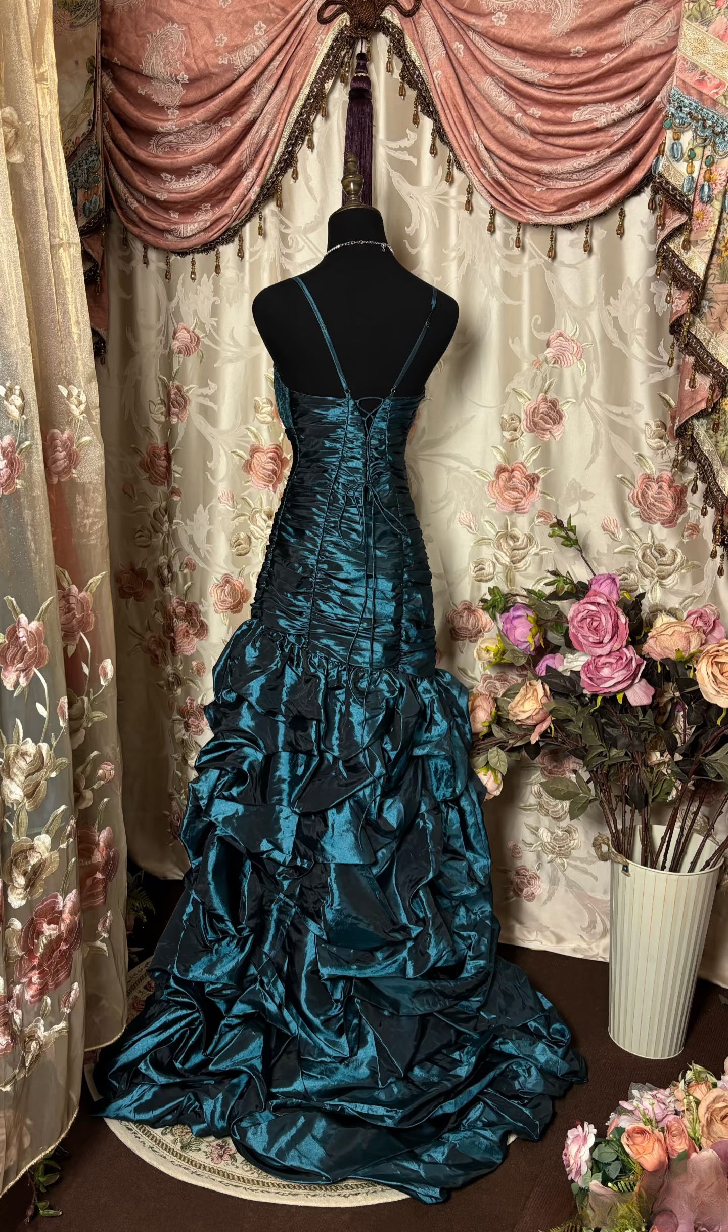Vintage Mermaid High Low Spaghetti Strap Teal Taffeta Long Prom Dresses Formal Party Teens Evening Gowns AU267