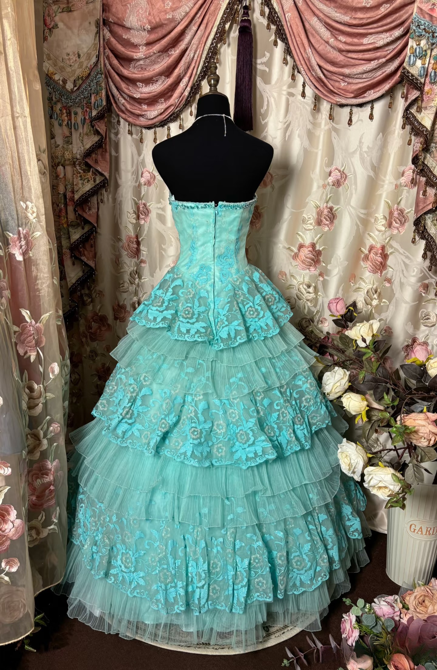 Vintage Ball Gown Strapless Blue Tulle With Beads Prom Dress Long Quinceanera Dresses Sweet 15 16 Gown AU274
