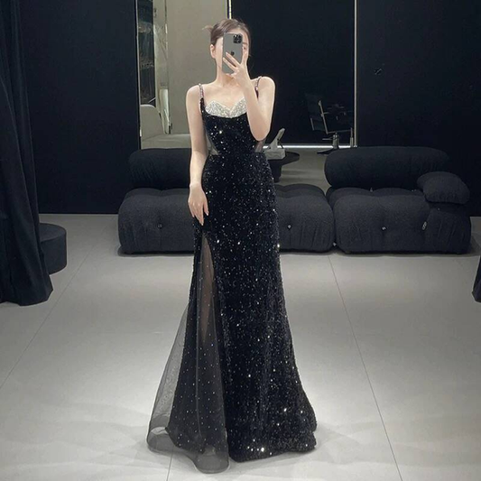Modest Mermaid Spaghetti Straps Sequin Black Long Prom Dresses Party Dress 21st Birthday Outfits Graduation Dress AU275