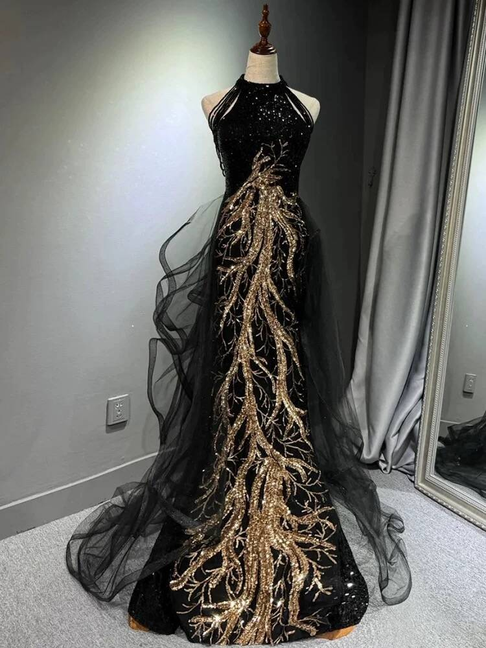 black prom dress with gold lace Modest Mermaid Scoop Sequin Long Dresses Par – RubyFashionDress black and gold prom dress