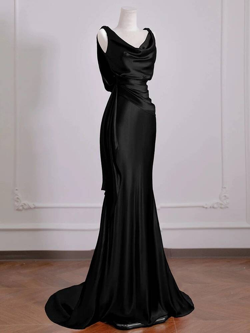 Sexy Mermaid Black Sleeveless Satin Long Prom Dresses Party Dress 21st Birthday Outfits Graduation Dress AU280