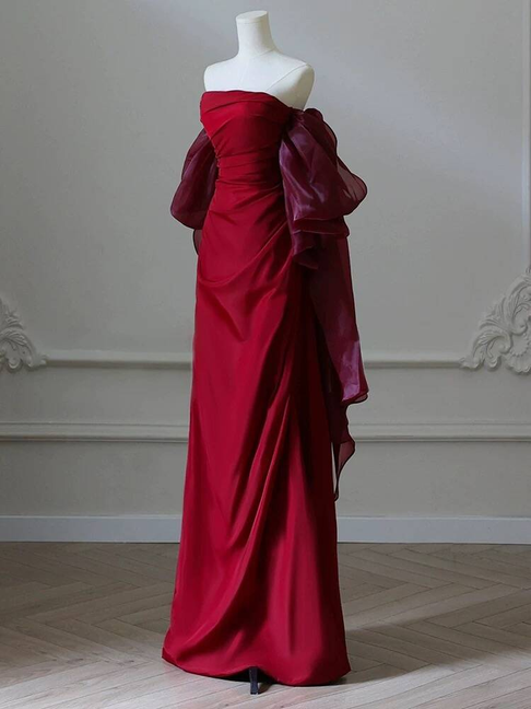 Modest Mermaid Strapless Burgundy Long Prom Dresses Party Dress 21st Birthday Outfits Graduation Dress AU284