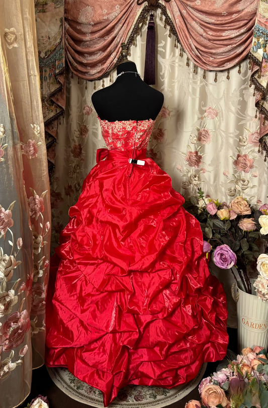 Vintage Ball Gown Strapless Red With Appliques Ruffle Layers Long Quinceanera Dresses Sweet 15 16 Birthday Gown AU287