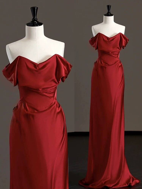Modest Mermaid Off The Shoulder Burgundy Satin Prom Dresses Party Dress 21st Birthday Outfits Graduation Dress AU291