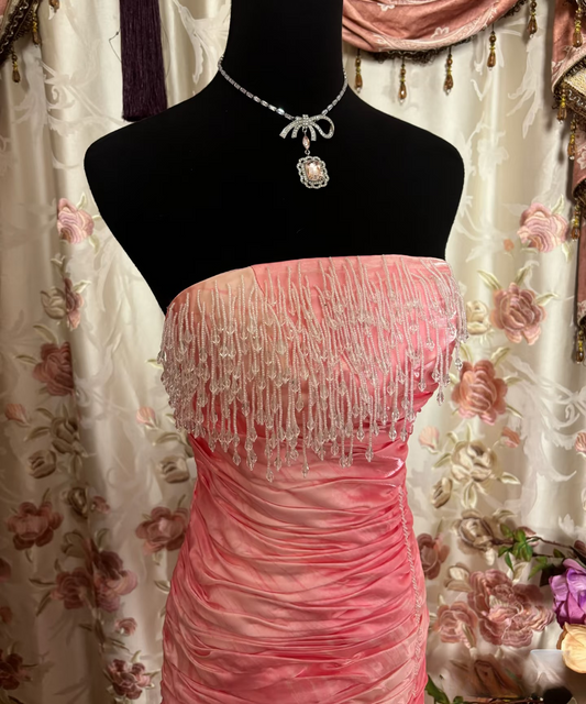 Gorgeous Mermaid Strapless Pink Organza 70s Sleeveless With Ruffles Long Prom Dresses Formal Evening Gowns AU303