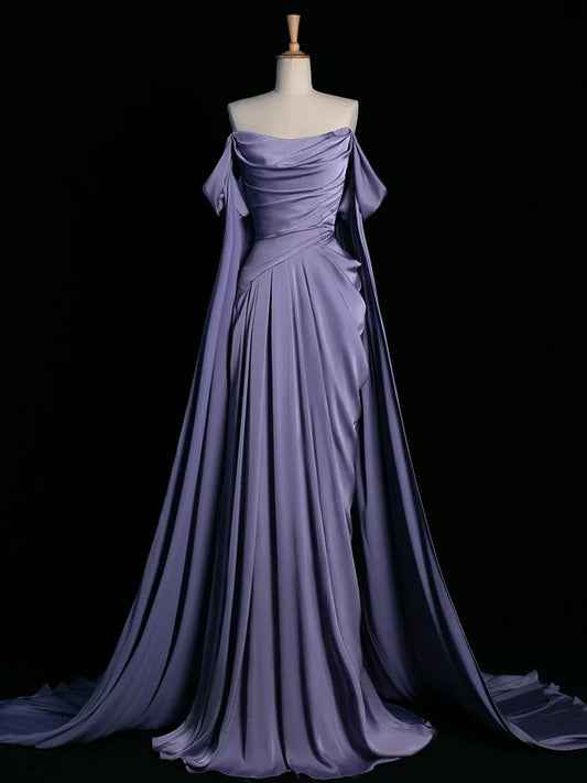 Modest Mermaid Off The Shoulder Light Grape Satin Long Prom Dresses Party Dress Princess Graduation Dress AB107