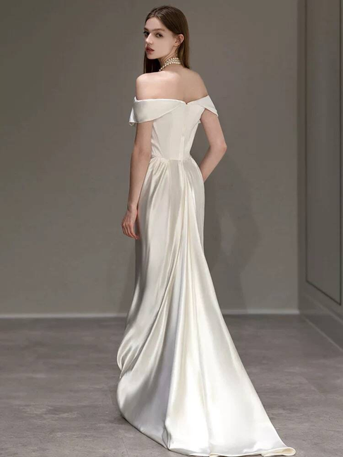 Simple Mermaid Off The Shoulder White Satin Wedding Dress Long Fairytale Autumn Wedding Dresses AU310
