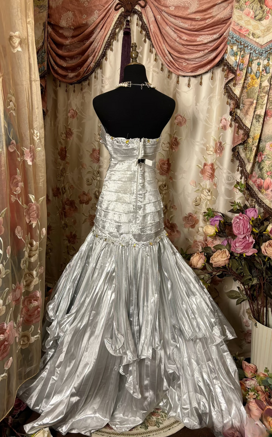 Gorgeous Mermaid Sweetheart With Beads 80s Sleeveless Pleated Long Prom Dresses Formal Evening Gowns AU316