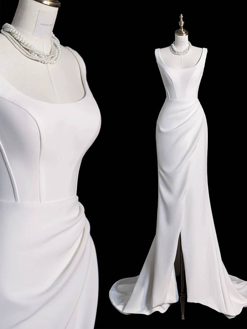 Princess Mermaid Square Neck White Satin Wedding Dress Fairytale Slit Wedding Gown AU322