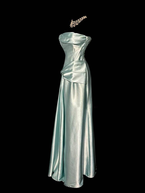 Vintage A line Strapless Satin Floor Length Prom Dresses Party Dress 21st Birthday Outfits Graduation Dress AU326