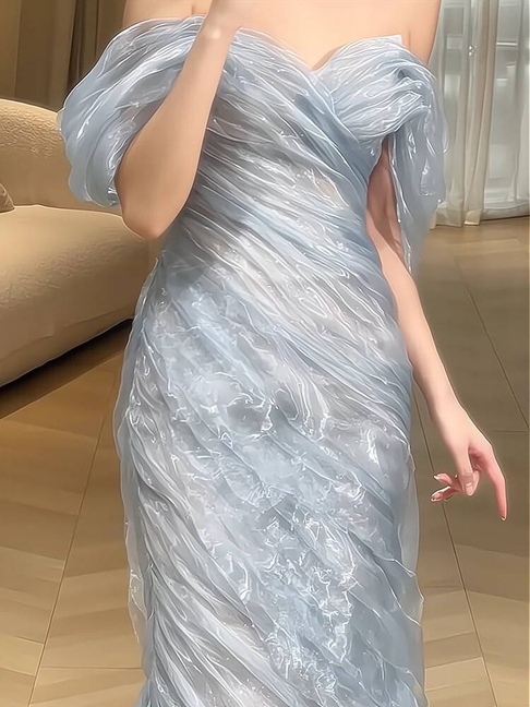 Vintage Mermaid Off The Shoulder Light Sky Blue Floor Length Prom Dresses Party Dress 21st Birthday Outfits Graduation Dress AU333