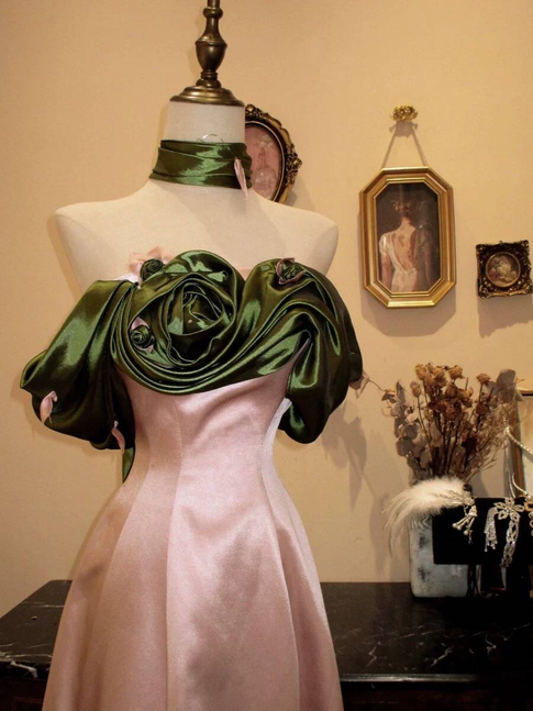 Retro A line Off The Shoulder Green Neck Long Satin Pink Prom Dress Inspiration Party Formal Gown Prom Dresses AU342