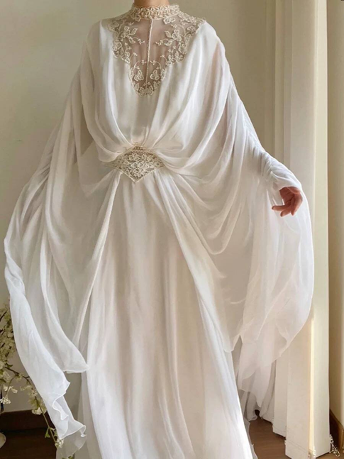 Vintage A line High Neckline Lace Chiffon Wedding Gown Long Fairytale Autumn Wedding Dresses AU346