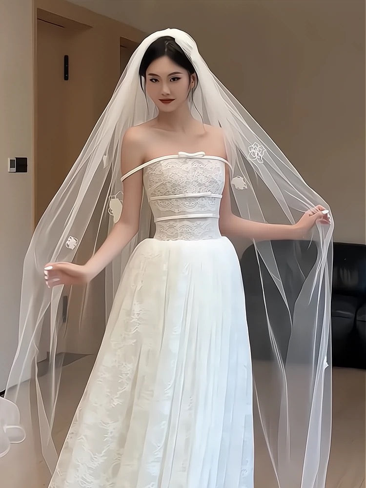 Simple A line Strapless Long Tulle White Wedding Dress French Brides Dresses Fairytale Wedding Gown AU364
