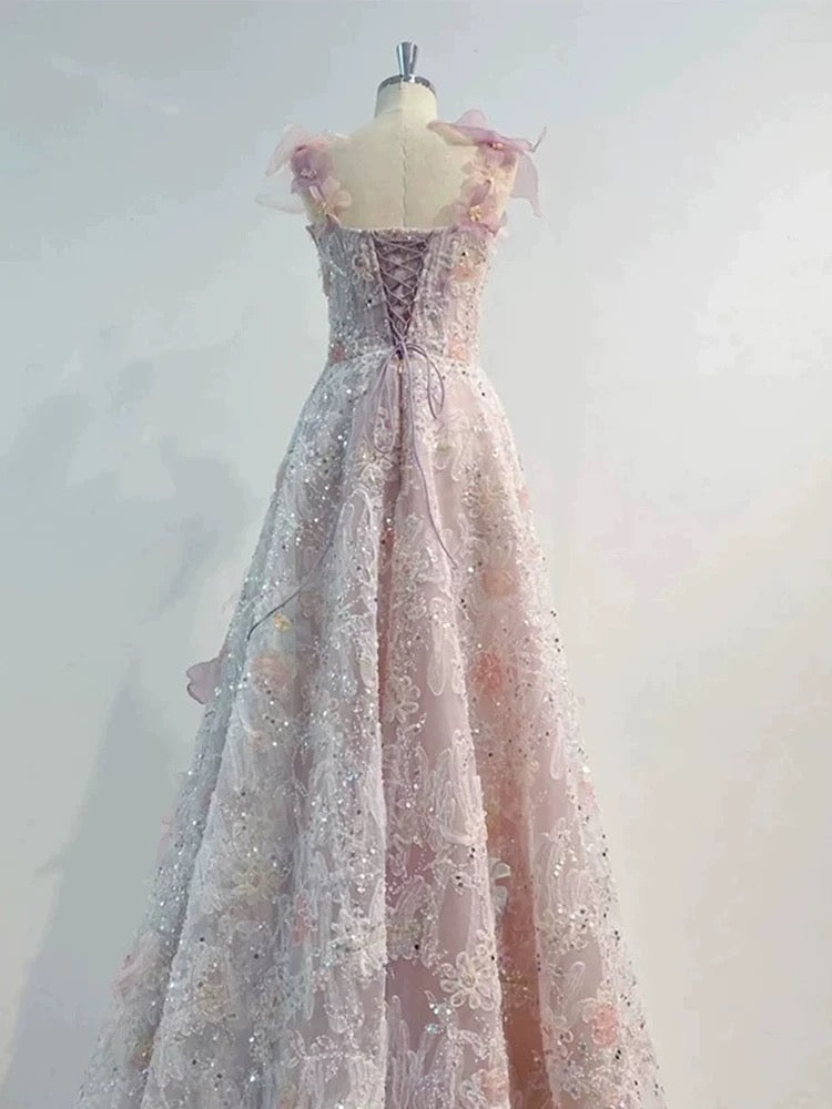 Modest Prom Dress Outfit Ball Gown Sweetheart Pink Lace Floral Tulle Long Prom Dresses Formal Evening Gowns AU368