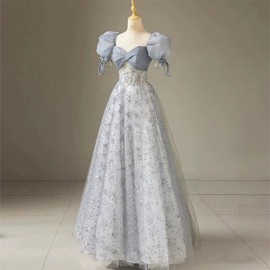 Gorgeous A Line Sweetheart Blue Tulle Sequins Prom Dresses Formal Party Teens Evening Gowns AU371
