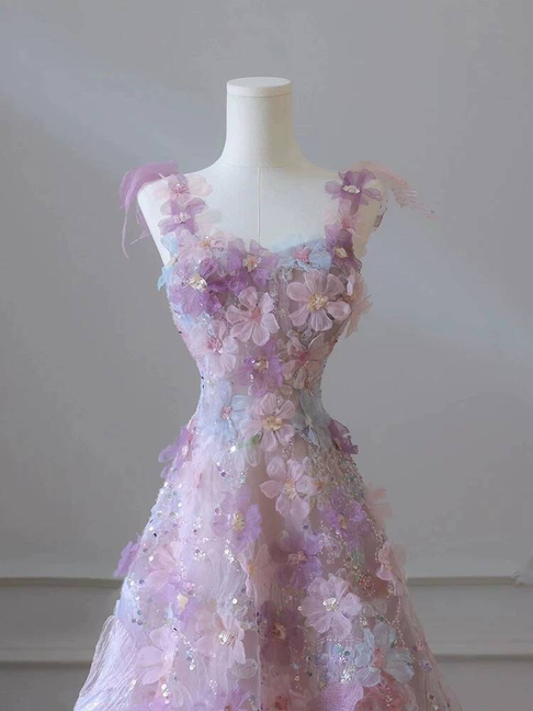 Beautiful A line Spaghetti Straps Pink Floral Sequin Prom Dresses Party Dress 21st Birthday Outfits Graduation Dress AU373