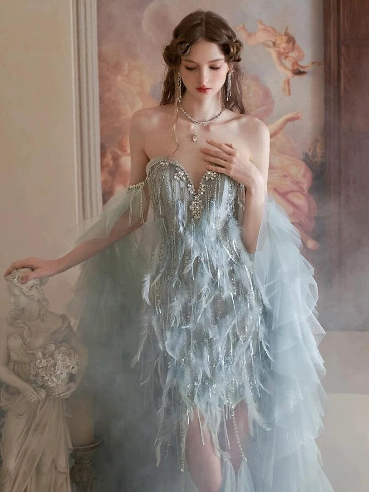Vintage Mermaid Sweetheart Light Sky Blue Tulle Beaded Feathers Long Prom Dresses Formal Party Teens Evening Gowns AU374