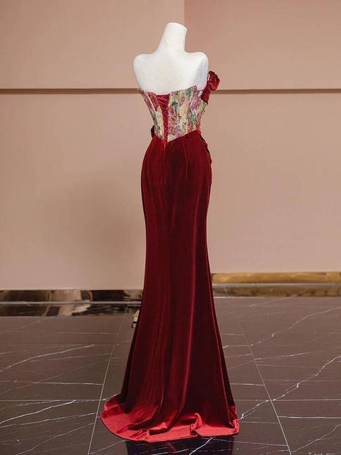 Sexy Mermaid Strapless Red Velvet Prom Dresses Party Dress 21st Birthday Outfits Graduation Dress AU377