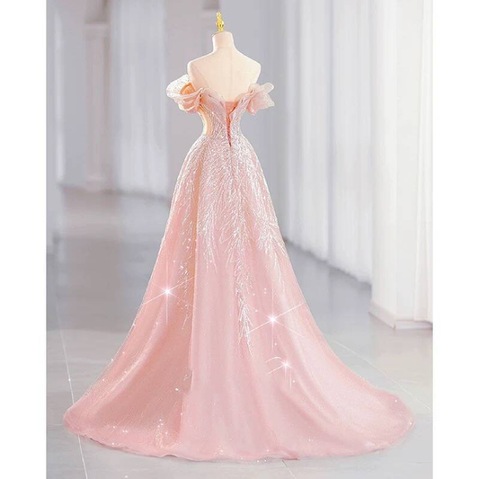 Beautiful A line Off The Shoulder Blush Pink Sequin Prom Dresses Party Dress 16th Birthday Outfits Graduation Dress AU378