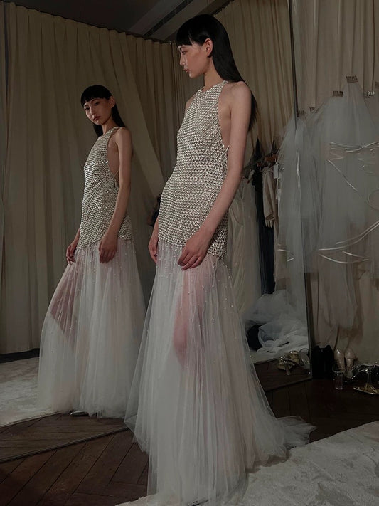 Sexy Mermaid Scoop Tulle With Pearls Gem Long Summer Bride Dress Long Bride Dress Classy Wedding Dresses AU378