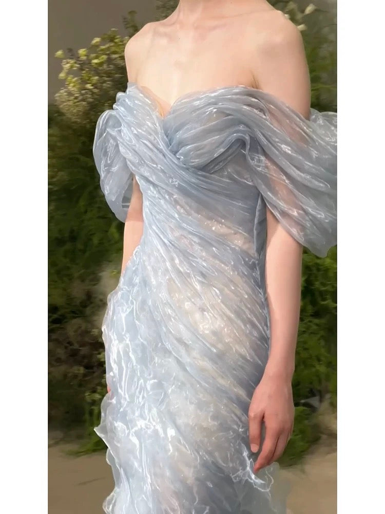 Gorgeous Mermaid Off The Shoulder Light Sky Blue Organza Long Prom Dresses Formal Party Teens Evening Gowns AU380