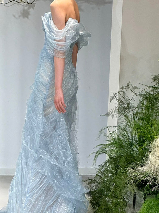 Gorgeous Mermaid Off The Shoulder Light Sky Blue Organza Long Prom Dresses Formal Party Teens Evening Gowns AU380