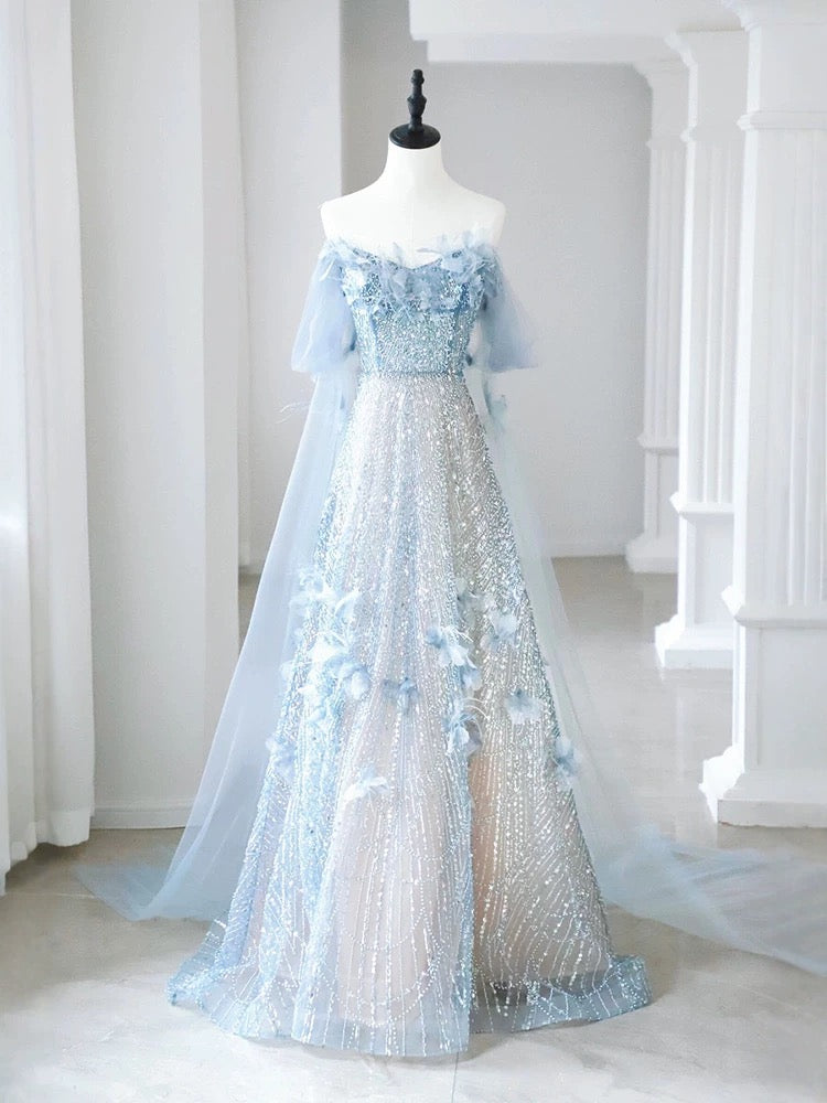Gorgeous A Line Off The Shoulder Light Sky Blue Tulle Sequins Long Prom Dresses Formal Party Teens Evening Gowns AU382