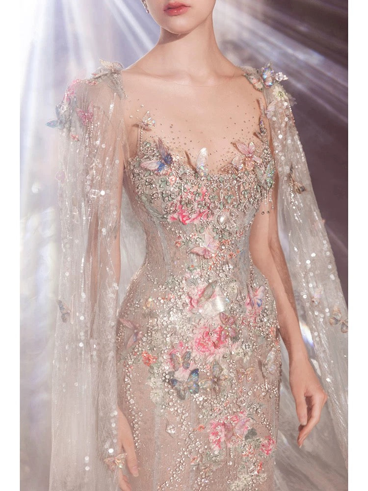 Gorgeous Mermaid Scoop Light Sky Blue Tulle With Lace Floral Beads Prom Dresses Formal Party Teens Evening Gowns AU384
