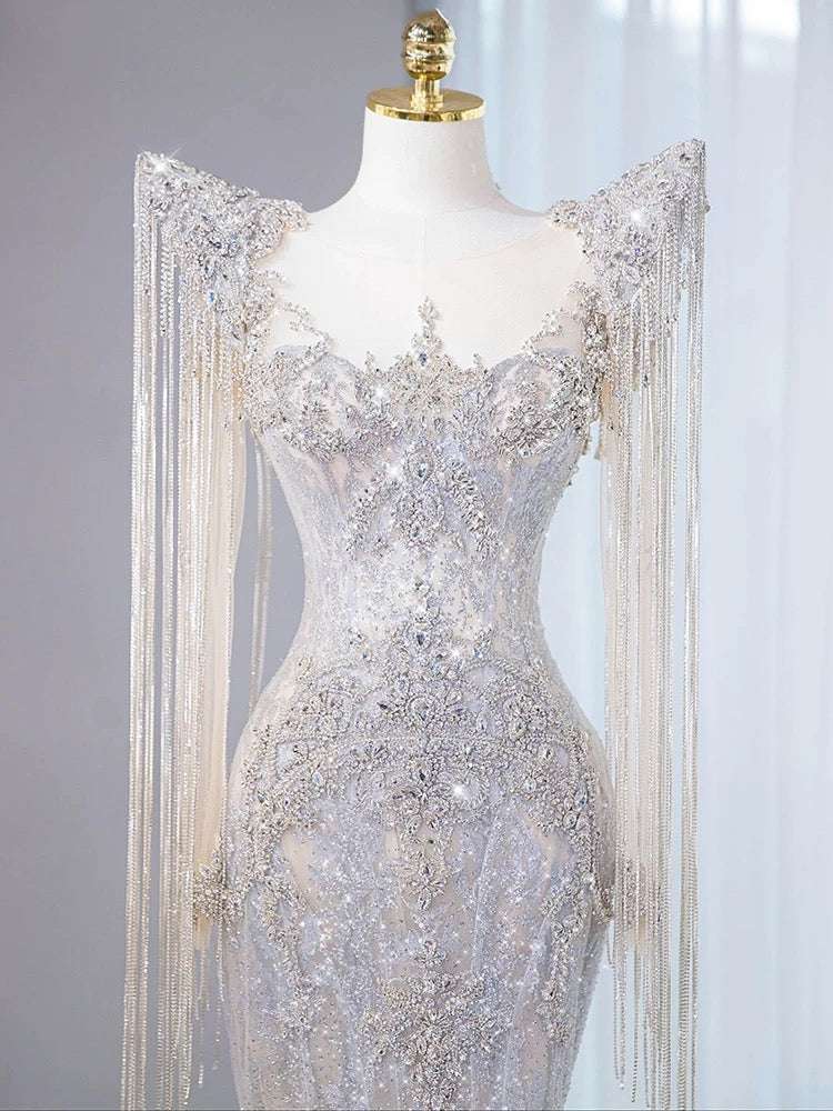 Sexy Mermaid Scoop Neck Tulle With Silver Beads Gem Long Summer Bride Dress Long Bride Dress Classy Wedding Dresses AU387