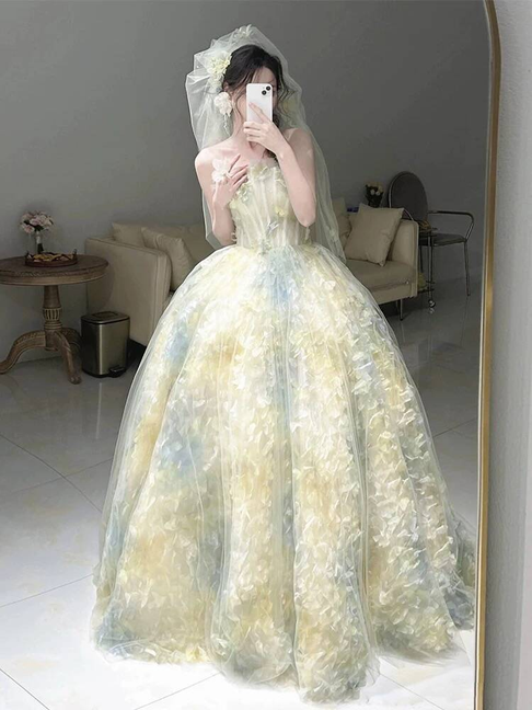 Cute Strapless Ball Gown Yellow Tulle Long Quinceanera Dress Quinceanera Dresses Sweet 15 16 Dress AU390