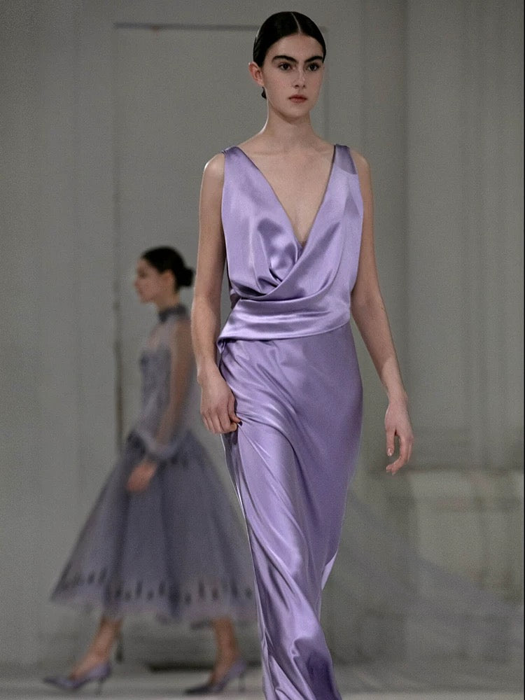 Gorgeous Sheath V Neck Light Grape Satin Pleated Long Prom Dresses Formal Evening Gowns AU393