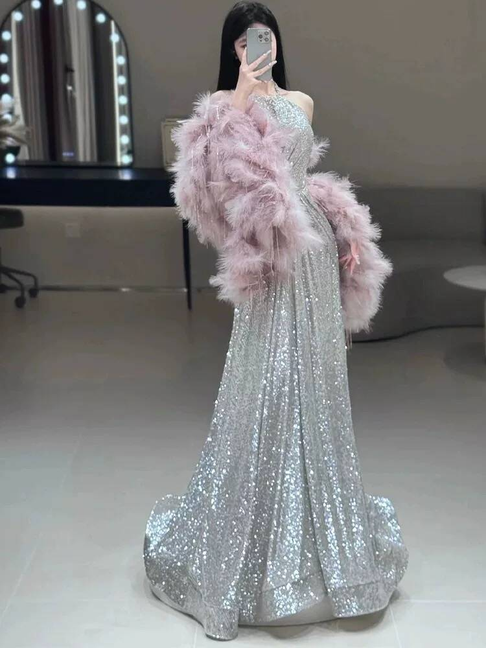 Modest A Line Halter Sequin Silver Prom Dresses Party Dress Birthday Outfits Graduation Dress AU394