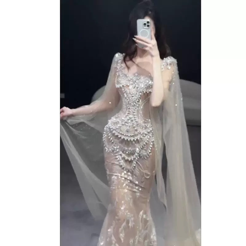 Sexy Mermaid Square Neck Champagne Tulle With Beads Gem Long Summer Bride Dress Long Bride Dress Classy Wedding Dresses AU395