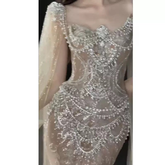 Sexy Mermaid Square Neck Champagne Tulle With Beads Gem Long Summer Bride Dress Long Bride Dress Classy Wedding Dresses AU395