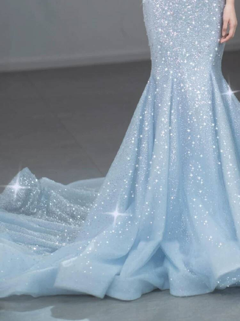 Modest Mermaid Spaghetti Straps Light Sky Blue Prom Dresses Sequin Party Dress Birthday Outfits Graduation Dress AU400