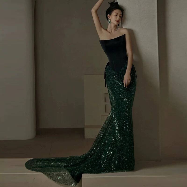 Sparkly Sheath Strapless Dark Green Sequin Prom Dresses Party Dress 17th Birthday Outfits Graduation Dress AU404