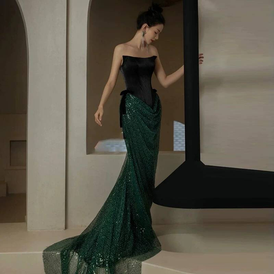 Sparkly Sheath Strapless Dark Green Sequin Prom Dresses Party Dress 17th Birthday Outfits Graduation Dress AU404