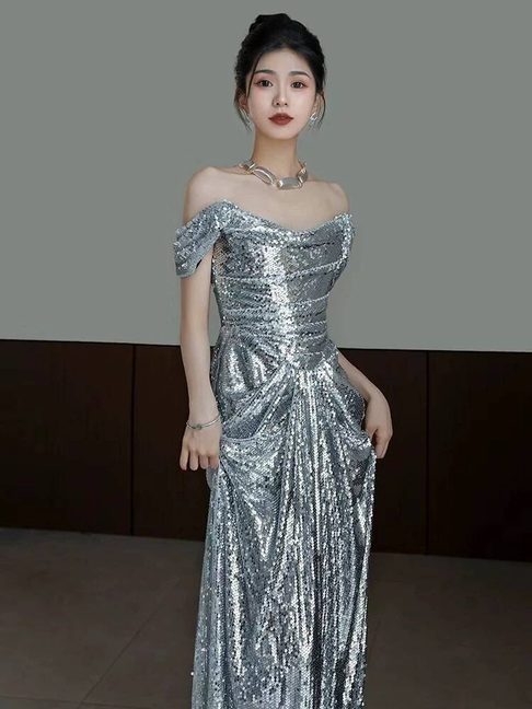 Cute Mermaid Off The Shoulder Silver Sequins Prom Dresses Party Dress 20th Birthday Outfits Graduation Dress AU411
